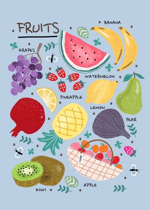 Illustrated fruit chart postcard with watermelon, bananas, grapes and pineapple on light blue background