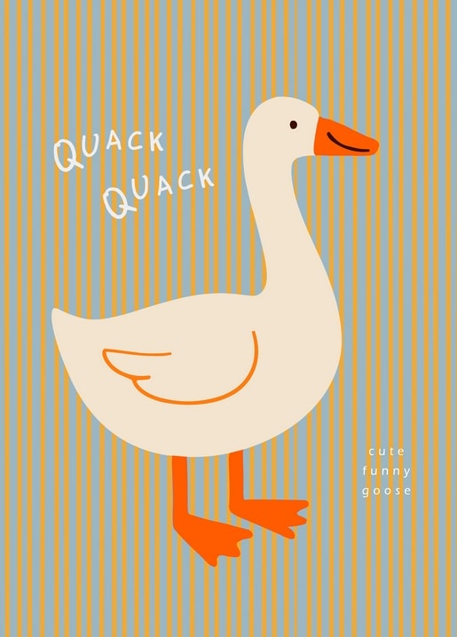 Illustrated white goose with orange beak on blue and sand striped background, text Quack Quack