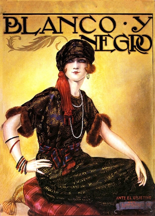 Vintage magazine cover illustration of a woman in a fur-trimmed lace dress with pearls, seated on a plaid cushion