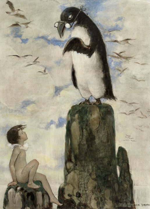 Illustration by Jessie Willcox Smith of a boy and a giant bespectacled great auk on a rock