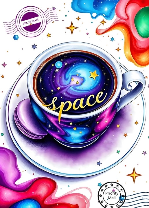 Galaxie in einer Kaffeetasse mit rosa Macaron und bunten Farbspritzern