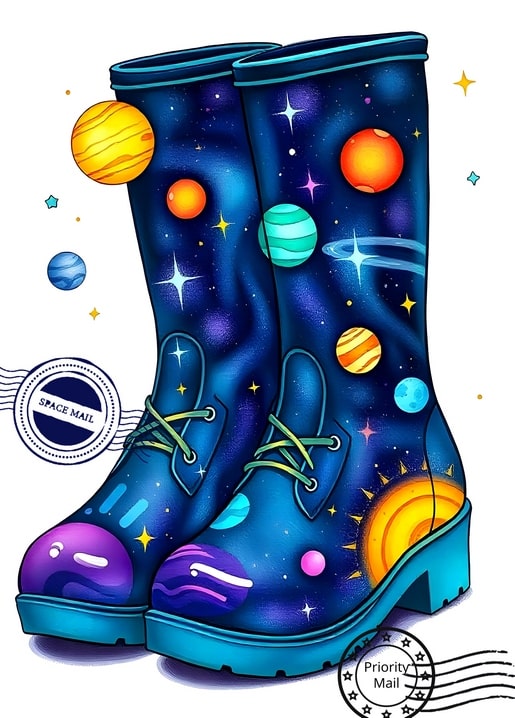 Illustration von Plateaustiefeln, bemalt mit Planeten, Sternen und einer leuchtenden Sonne