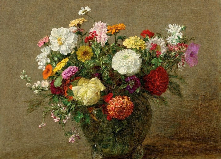 Henri Fantin-Latour still life painting of a garden bouquet with dahlias, roses and zinnias in a glass vase