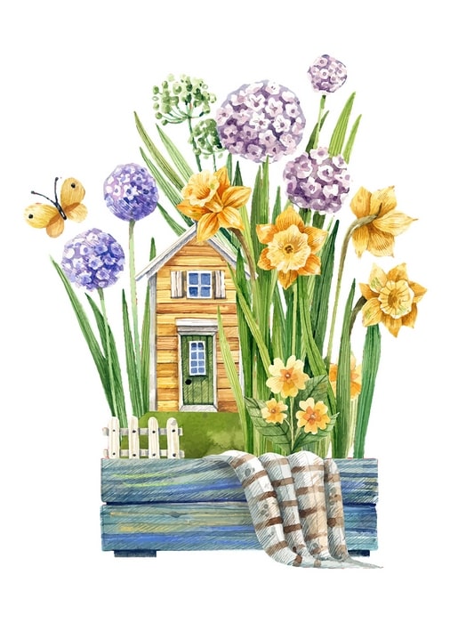 Watercolor cottage among purple allium and yellow daffodils with a butterfly and plaid blanket