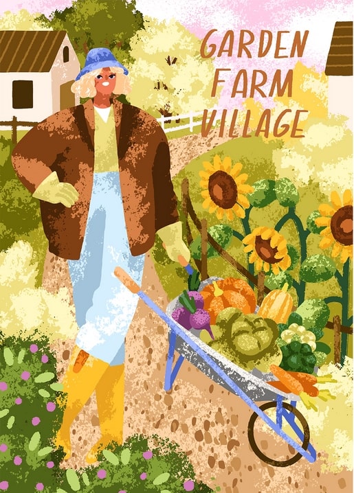 Postcard of a gardener pushing a wheelbarrow of pumpkins and cabbages past sunflowers and a farmhouse