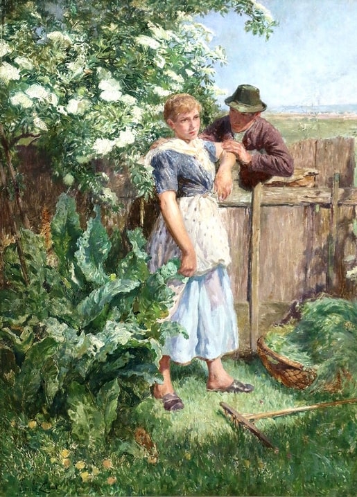 Emile Claus postcard: young man leaning over a fence to court a woman in a garden