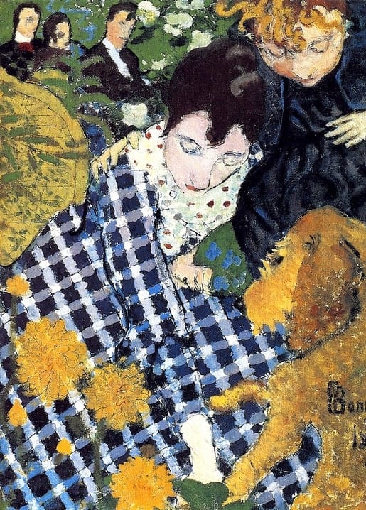 Bonnard-Gemälde: Frauen mit goldfarbenem Hund im Garten zwischen gelben Löwenzahnblüten