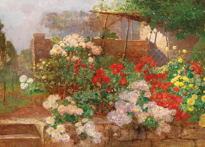 Red, white and yellow chrysanthemums along a stone wall, painting by Hugo Charlemont
