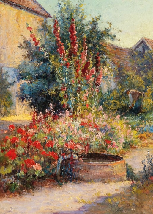 Gemälde eines Cottagegartens mit hohen rosa Stockrosen, roten Geranien und altem Steinbrunnen, von Hugo Charlemont