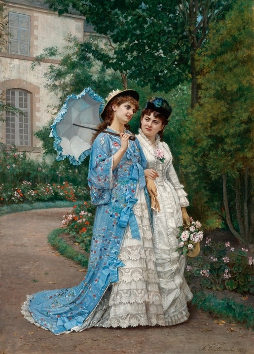 Painting of two women strolling a garden path, one in blue floral silk with a parasol, the other in white lace