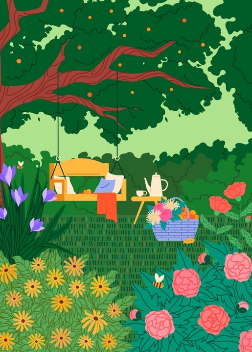 Wooden garden swing under a blossoming tree, with a picnic basket of flowers, a teapot, peonies and daisies.