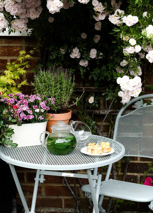 Garden table with mint tea, pastries, potted lavender, and climbing white roses on a brick wall