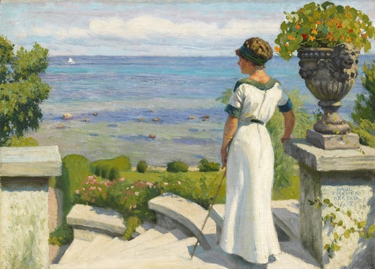 Painting of a woman in white on a garden terrace, looking out over pink flowers to the sea