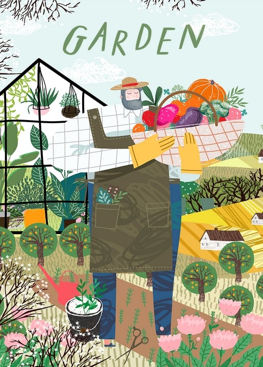 Bearded gardener in a straw hat carrying a basket of pumpkins and vegetables past a greenhouse