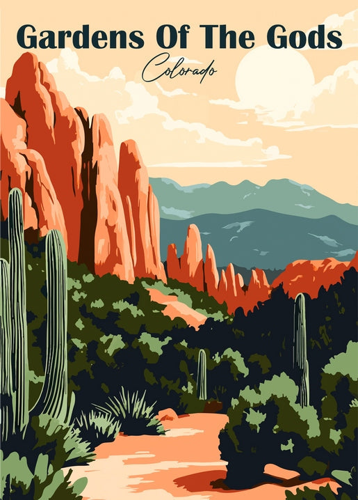 Retro-Reiseposter mit roten Felsspitzen und Kakteen in den Gardens of the Gods, Colorado