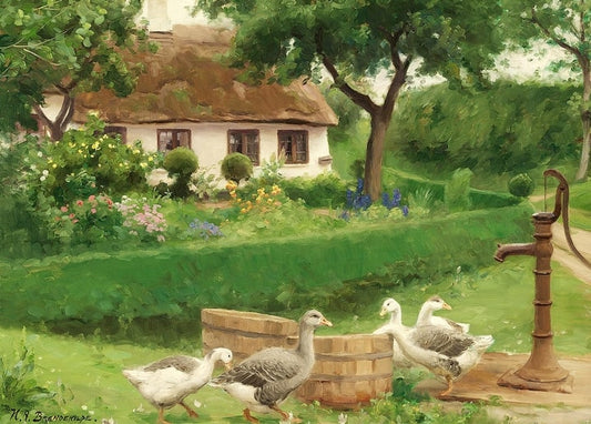 Four geese by an old hand pump in front of a thatched cottage garden