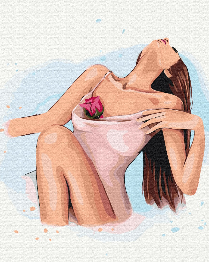 Frau in rosa Stoff gehüllt hält eine rote Rose in einer Aquarell-Illustration