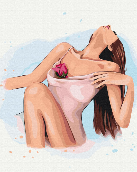 Frau in rosa Stoff gehüllt hält eine rote Rose in einer Aquarell-Illustration