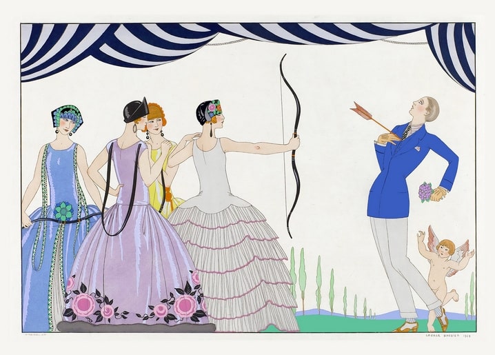 George Barbier illustration of a woman shooting Cupid's arrow at a man in a blue suit