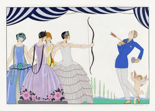 George Barbier illustration of a woman shooting Cupid's arrow at a man in a blue suit