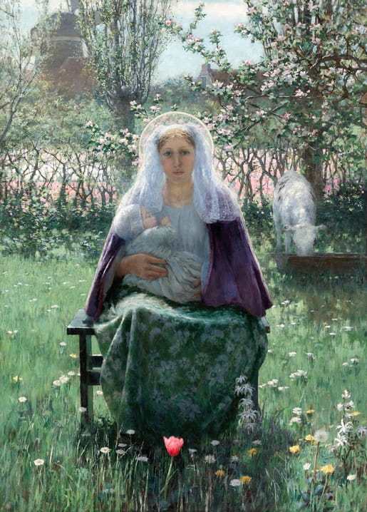 A haloed mother cradles her baby in a blossoming spring orchard, lamb grazing nearby — Hitchcock's Blessed Mother.