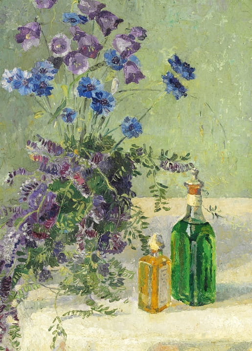 Still life painting of blue wildflowers beside amber and green glass bottles on a table, by Gerda Wegener