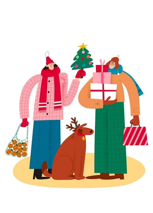 Man with a mini Christmas tree and woman with gifts beside their dog wearing reindeer antlers