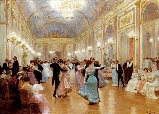 Victor Gabriel Gilbert painting of couples waltzing under chandeliers in a gilded ballroom