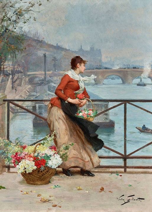 Blumenverkäuferin mit einem Korb roter Blumen auf einer Pariser Brücke, die Seine im Hintergrund — Victor Gabriel Gilbert.