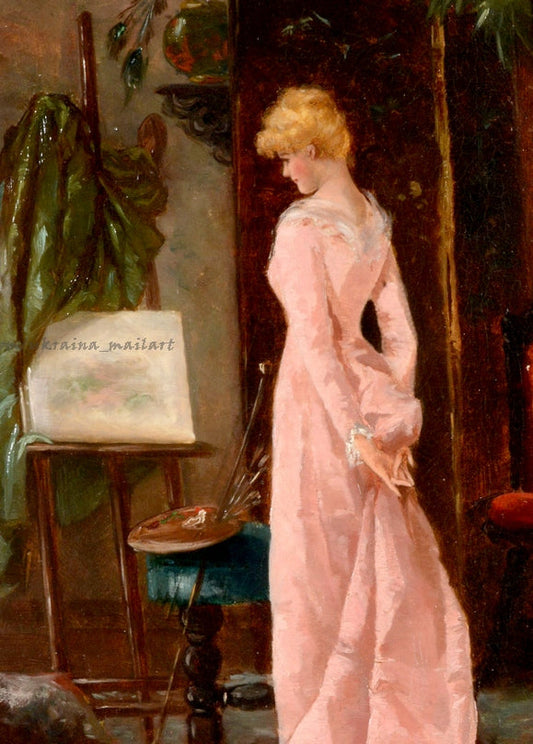 Woman in a rose-pink gown studying a canvas at her easel, painting by Victor Gabriel Gilbert