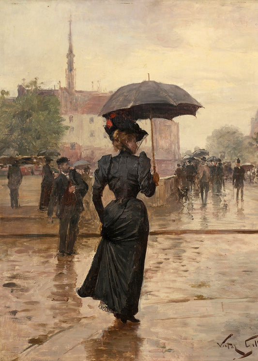 Gemälde von Victor Gabriel Gilbert: Frau mit Regenschirm auf regennassem Pariser Platz