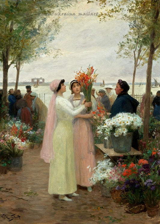 Gemälde von Victor Gabriel Gilbert: zwei Frauen mit Gladiolen an einem Flussmarkt