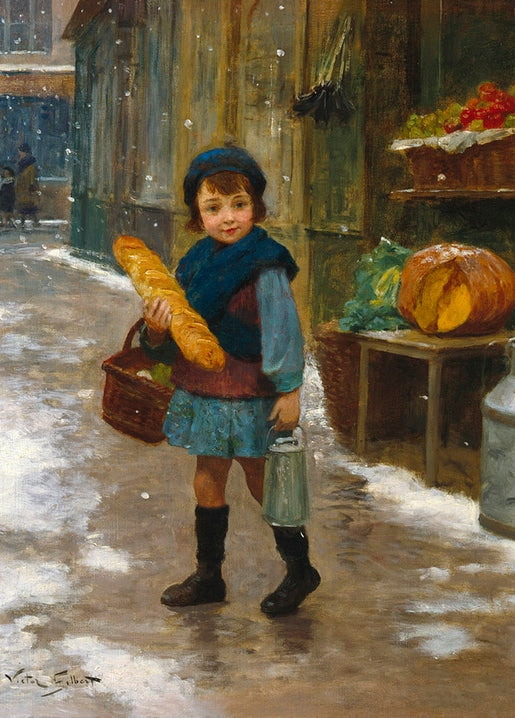 Kind in blauer Mütze trägt Baguette und Milchkanne durch Schnee am Marktstand vorbei — Victor Gabriel Gilbert.