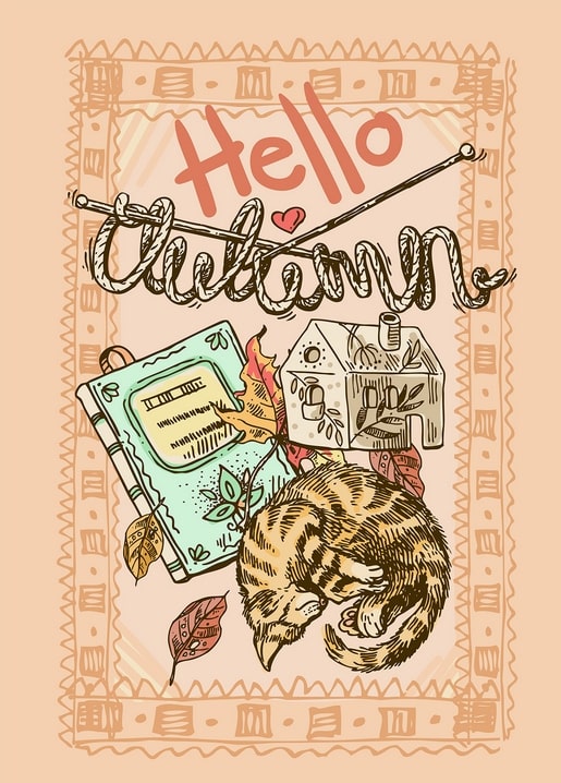 Sleeping ginger tabby cat beside a birdhouse and floral journal with Hello Autumn lettering