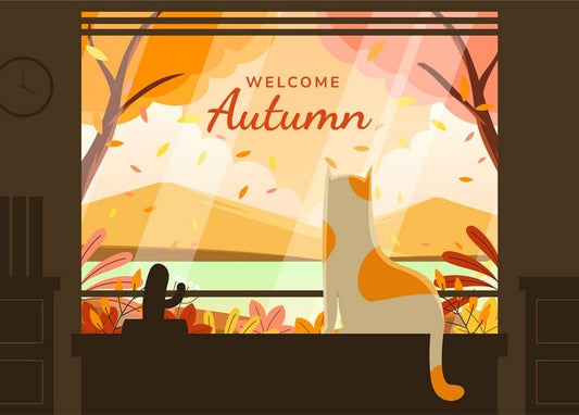 Ginger and white cat sitting on a windowsill, watching an autumn sunset over a lake and mountains
