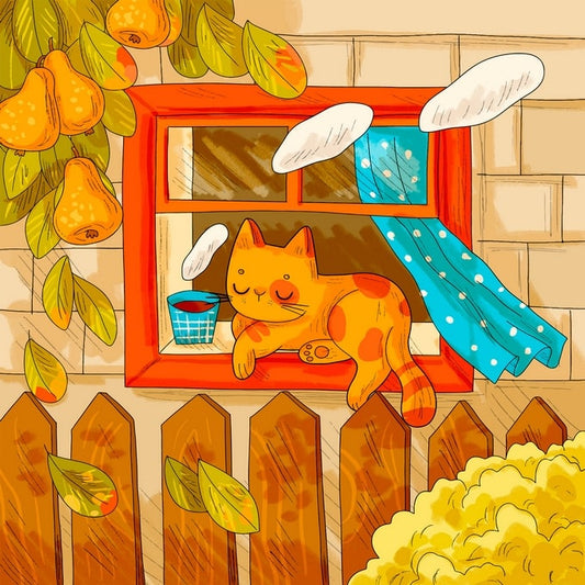 Illustration of a ginger cat sleeping on a windowsill with pears and a blue polka-dot curtain
