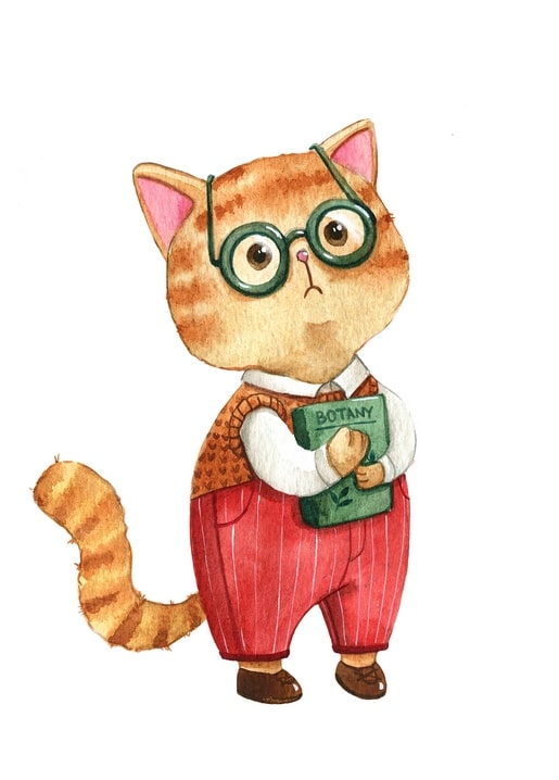 Illustrated ginger cat wearing glasses and red overalls, holding a book titled Botany