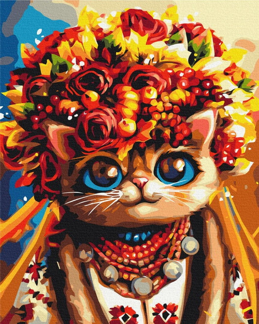 Ginger cat wearing a red and gold floral wreath with folk beads, Ukrainian-style portrait