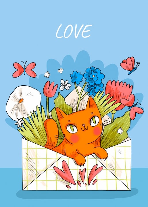 Ginger cat sitting in an envelope overflowing with tulips and wildflowers, with butterflies, hearts and the word LOVE above.
