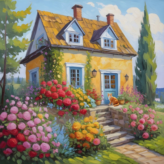 Painting of a ginger cat sitting on stone steps of a yellow cottage surrounded by red and pink roses.