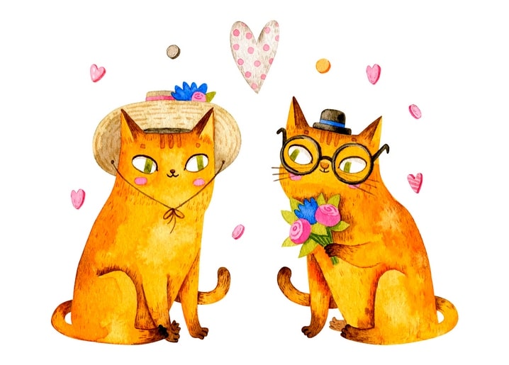 Two dressed-up ginger cats with a bouquet and floating hearts, watercolor illustration