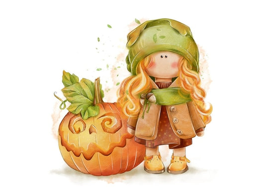 Illustrated ginger-haired girl in a green hat standing beside a carved jack-o'-lantern pumpkin