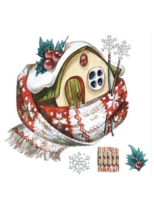Aquarell-Lebkuchenhaus in rotem Strickschal mit Stechpalme und Schneeflocken