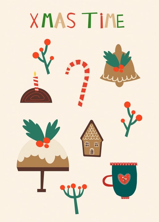 Illustrierte Weihnachtssymbole: Lebkuchenhaus, Zuckerstange, Glocke und Schriftzug Xmas Time