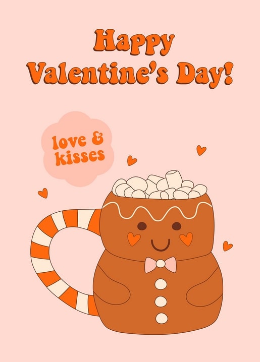 Illustrated postcard of a gingerbread-shaped mug piled with marshmallows for Valentine's Day