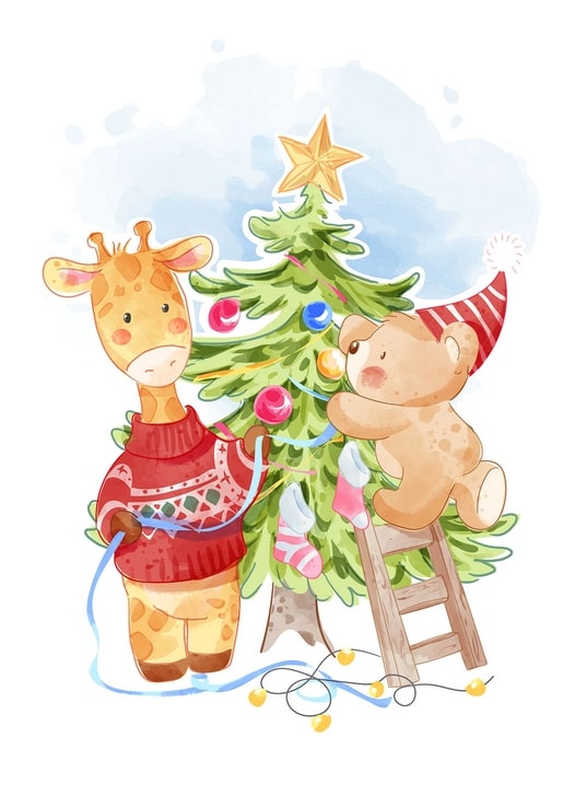 Giraffe in a red sweater and bear in a santa hat decorating a Christmas tree against a watercolor sky