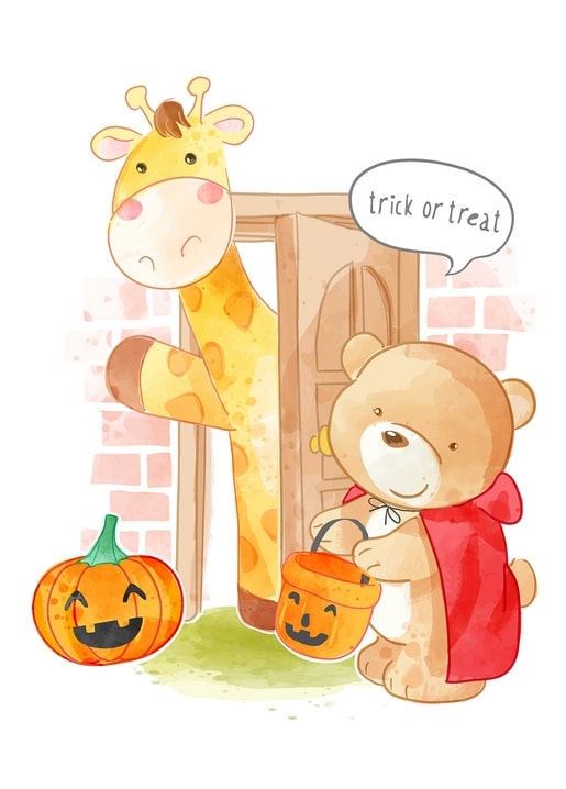 Watercolor giraffe and cloaked teddy bear trick-or-treating with jack-o'-lanterns