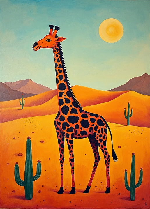 Postkarte mit einer Giraffe zwischen Kakteen in der Wüste