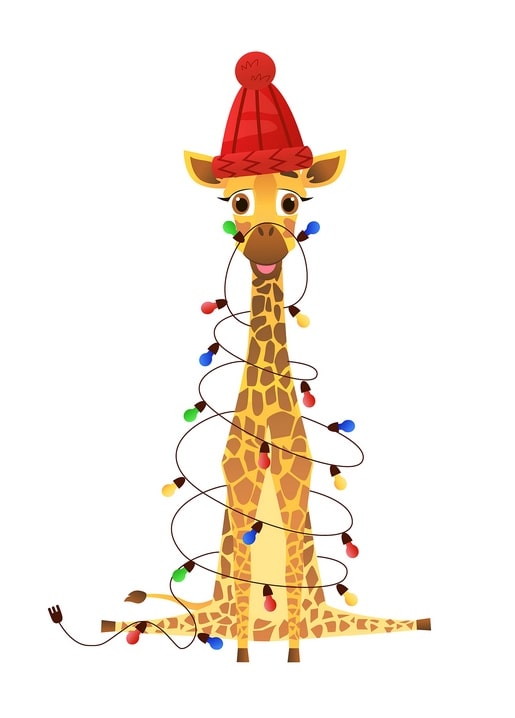 Cartoon giraffe wrapped in colorful fairy lights, wearing a red knit hat with pompom