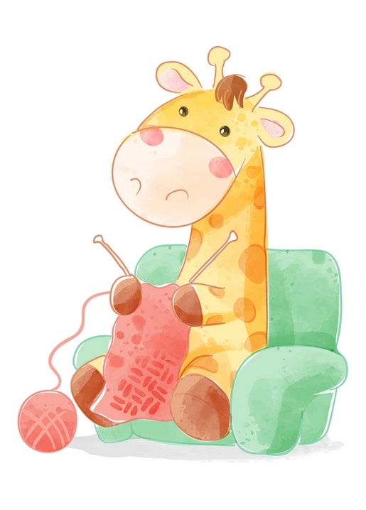 Watercolor giraffe knitting a pink scarf in a green armchair